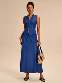 Eryvara Women's Casual Commuter Button Decor Camisole And Skirt Set, Summer - Blue - View 6