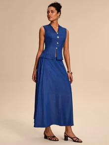 Eryvara Women's Casual Commuter Button Decor Camisole And Skirt Set, Summer - Blue - View 4