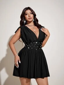 Maweii Plus Size Women Brown Deep V Lace-Up Beaded Waist Sleeveless Mini Dress Gym Summer - Black - View 4
