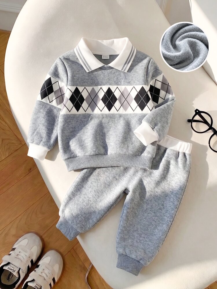 Souflis Souflis 2pcs/Set Baby Boy Newborn Toddler Infant British Academy Style Fashion Grey Classic Argyle Print Thermal Lined 2 In 1 Long Sleeve Polo Sweatshirt And Cuffed Jogger Sweatpants Outfit For Outings, School, Daily Wear, Autumn/Winter - Grey - View 10