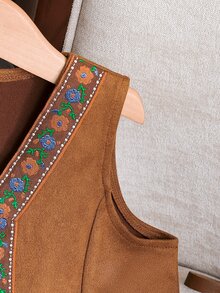 SHEIN Elladie kids 少女復古夾克外套，Y2K風格，秋季新款，校園穿搭，夏季假期造型，西部牛仔風卡其對比裝飾款 - 棕色 - 查看 4