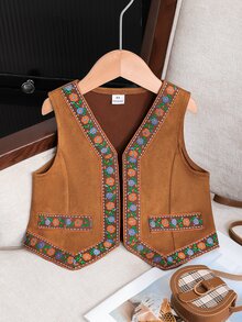 SHEIN Elladie kids 少女復古夾克外套，Y2K風格，秋季新款，校園穿搭，夏季假期造型，西部牛仔風卡其對比裝飾款 - 棕色 - 查看 7