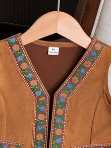 SHEIN Elladie kids 少女復古夾克外套，Y2K風格，秋季新款，校園穿搭，夏季假期造型，西部牛仔風卡其對比裝飾款 - 棕色 - 查看 6