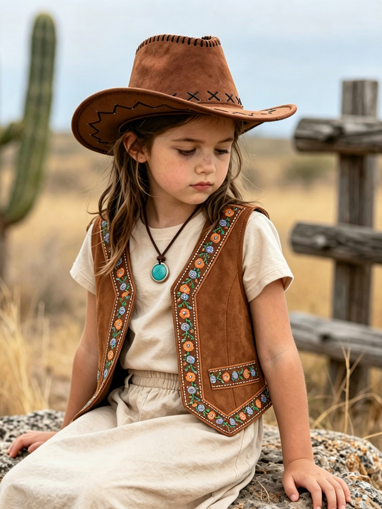 SHEIN Elladie kids Young Girls Vintage Jackets, Y2k, New Fall Styles, School, Summer Holiday Outfits, Western Cowboy Style Jacket Khaki Contrast Style Decoration - Brown - View 3