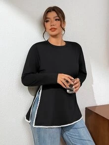 Lounesse 大尺碼女款圓領針織條紋T恤，側開衩設計，舒適休閒大尺碼T恤 - 黑與白 - 查看 6