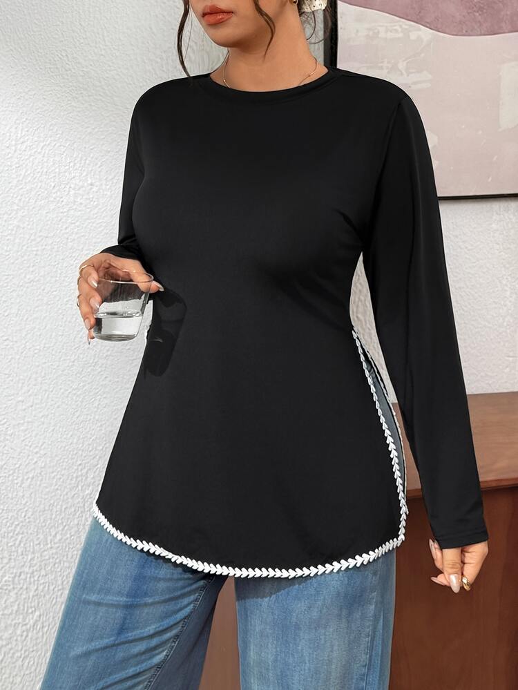 Lounesse Plus Size Women's Round Neck Knitted Striped T-Shirt Side Slit Design Casual Soft Form Decent Formal Vacation Office Black And White Autumn - Black and White - View 3