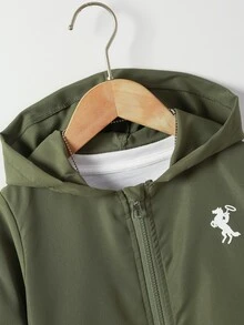 Casuvi Kids 1件小男孩休閒簡約街頭塗鴉印花風格長袖外套，時尚休閒設計，適合夏季穿著，適合4-7歲男孩日常穿著 - 軍綠色 - 查看 4