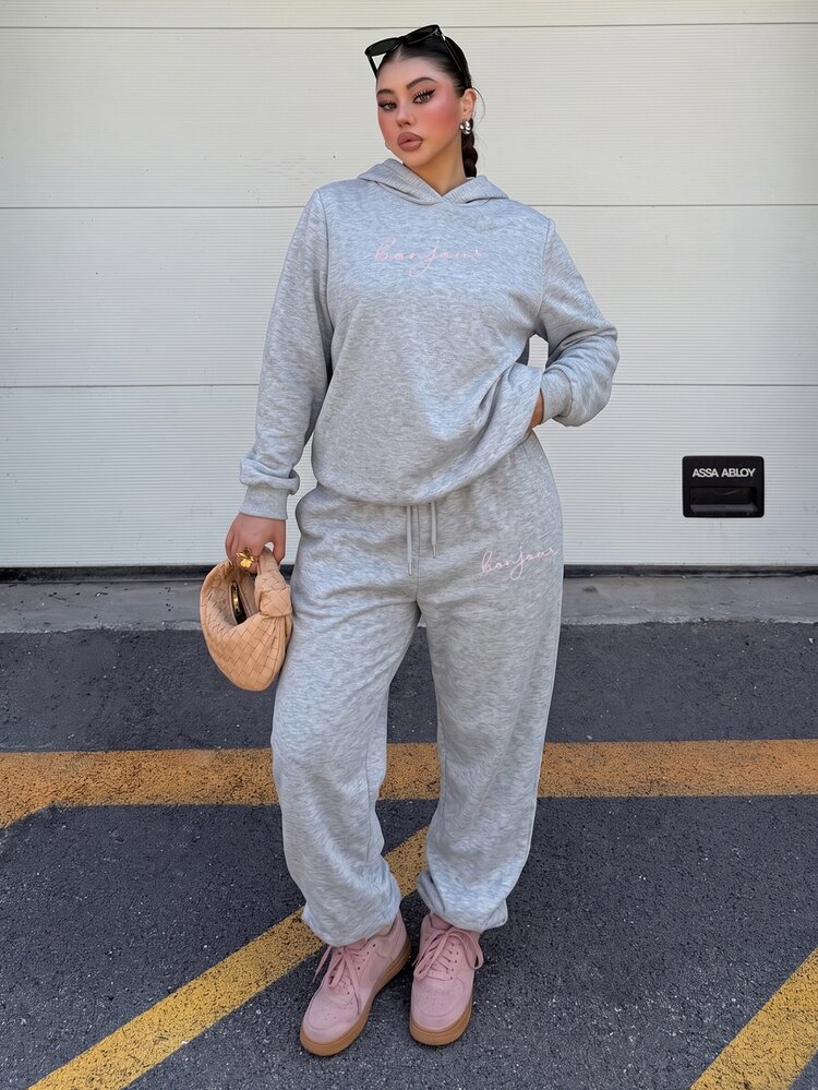 Muchica Plus-Size Casual Embroidered Hooded Sweatshirt And Loose-Fitting Trousers Two Pieces Set, Suitable For Everyday Wear. - Grey - View 6