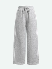SHEIN 青少年女孩秋冬針織淺灰色休閒抽繩口袋對比飾邊可調褲腳寬鬆闊腿二合一運動長褲，百搭長褲 - 淺灰色 - 查看 7