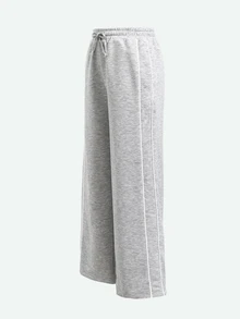 SHEIN 青少年女孩秋冬針織淺灰色休閒抽繩口袋對比飾邊可調褲腳寬鬆闊腿二合一運動長褲，百搭長褲 - 淺灰色 - 查看 9