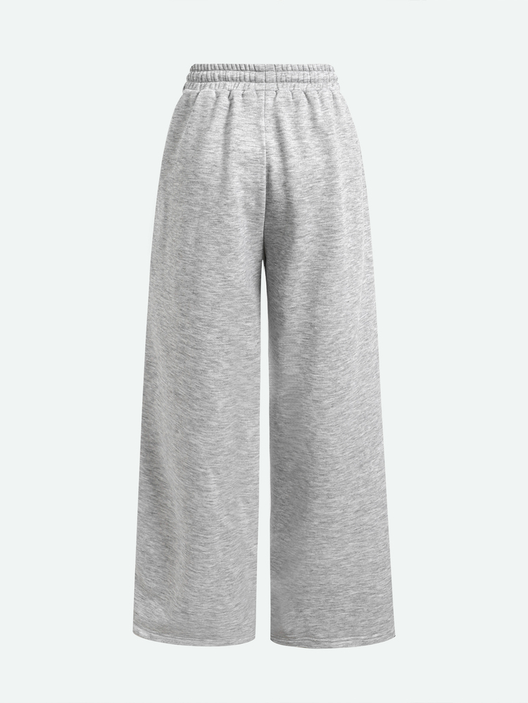 SHEIN Tween Girl Pants Tween Girl Autumn/Winter Knitted Light Gray Casual Drawstring Pocket Contrast Trim Adjustable Hem Loose Wide Leg 2-In-1 Sweatpants, Versatile Long Pants - Light Grey - View 8