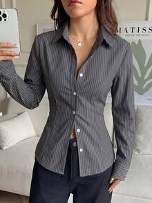SHEIN EZwear 女款休閒深灰色長袖收腰襯衫，適合通勤、秋季/冬季穿搭、街頭風，適用於日常、約會、辦公室、商務、派對、夏季 - 彩色 - 查看 7