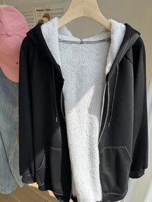 Comfortcana Plus Size Women's Solid Color Long Sleeve Zipper Front Casual Soft Form Decent Drawstring Hooded Sweatshirt Formal Date Night Vacation Black Autumn - Black - View 4