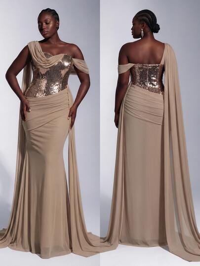 Elitara Plus Size Champagne Gold One Shoulder Sequin Bodice Cape Sleeve Ruched Mermaid Gown With Train For Prom, Wedding Events & Formal Evening Gown