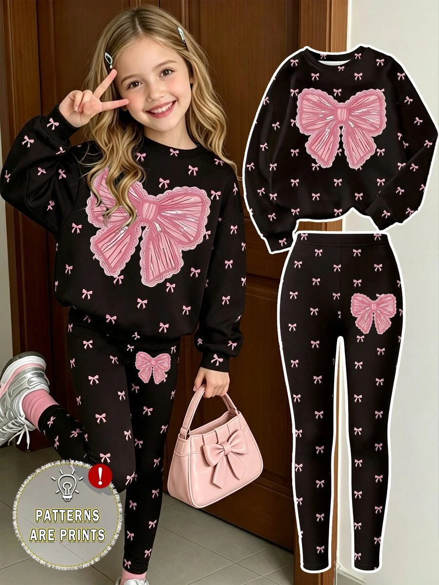 Young Girl 2-Piece Set Casual Fashion Spring Summer Autumn T-Shirt & Flare Pants Set, Sweet Bow Pattern, Long Pants & Short Sleeve T-Shirt Outfit, - Multicolor - View 1