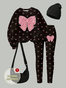 Young Girl 2-Piece Set Casual Fashion Spring Summer Autumn T-Shirt & Flare Pants Set, Sweet Bow Pattern, Long Pants & Short Sleeve T-Shirt Outfit, - Multicolor - View 3