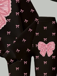 Young Girl 2-Piece Set Casual Fashion Spring Summer Autumn T-Shirt & Flare Pants Set, Sweet Bow Pattern, Long Pants & Short Sleeve T-Shirt Outfit, - Multicolor - View 6