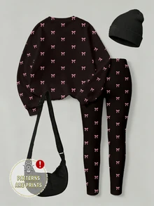 Young Girl 2-Piece Set Casual Fashion Spring Summer Autumn T-Shirt & Flare Pants Set, Sweet Bow Pattern, Long Pants & Short Sleeve T-Shirt Outfit, - Multicolor - View 2