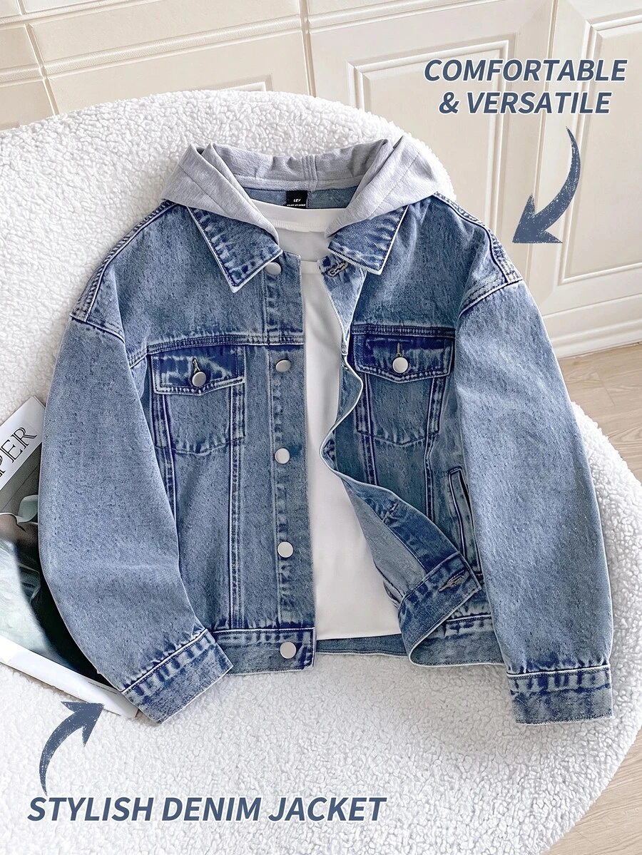 SHEIN Little Byeori Tween Boy Y2k Grey Kids Knitted Hooded Blue Denim Loose-Fitting Long-Sleeved Jacket For Black To School - Blue - View 1