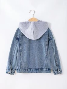 SHEIN Little Byeori Tween Boy Y2k Grey Kids Knitted Hooded Blue Denim Loose-Fitting Long-Sleeved Jacket For Black To School - Blue - View 2
