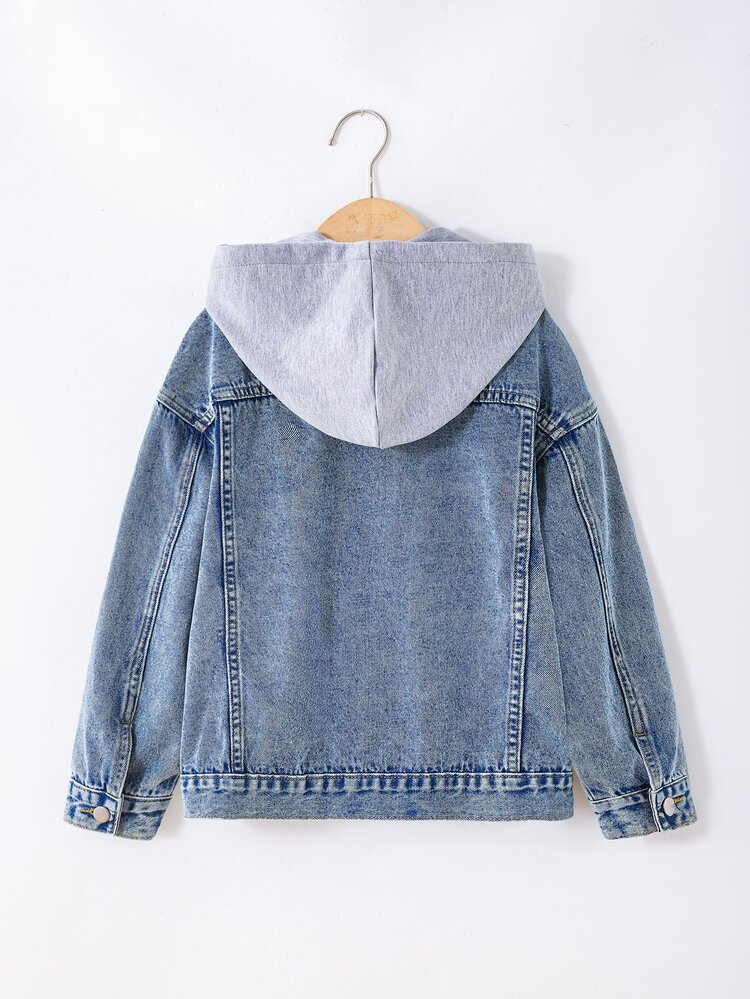 SHEIN Little Byeori 青少年男孩 Y2K 灰色兒童針織連帽藍色丹寧寬鬆長袖外套，適合黑色上學穿搭 - 藍色 - 查看 2