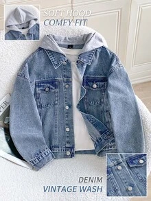 SHEIN Little Byeori Tween Boy Y2k Grey Kids Knitted Hooded Blue Denim Loose-Fitting Long-Sleeved Jacket For Black To School - Blue - View 4