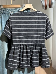 Comfortcana 大尺碼女款休閒條紋圓領A字版修身短袖T恤 - 黑色 - 查看 2