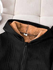 SHEIN 2件組小男孩休閒拼接純色長袖舒適保暖內裡拉鍊外套與長褲套裝，適合日常休閒戶外穿著，秋冬款 - 黑色 - 查看 6