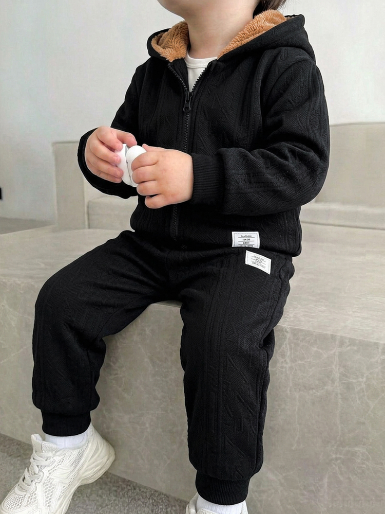 SHEIN 2pcs Young Boy Casual Patchwork Solid Color Long Sleeve Comfortable Thermal Lined Zip-Up Jacket And Pants Set, Suitable For Daily Casual Outdoor Wear, Autumn/Winter - Black - View 3