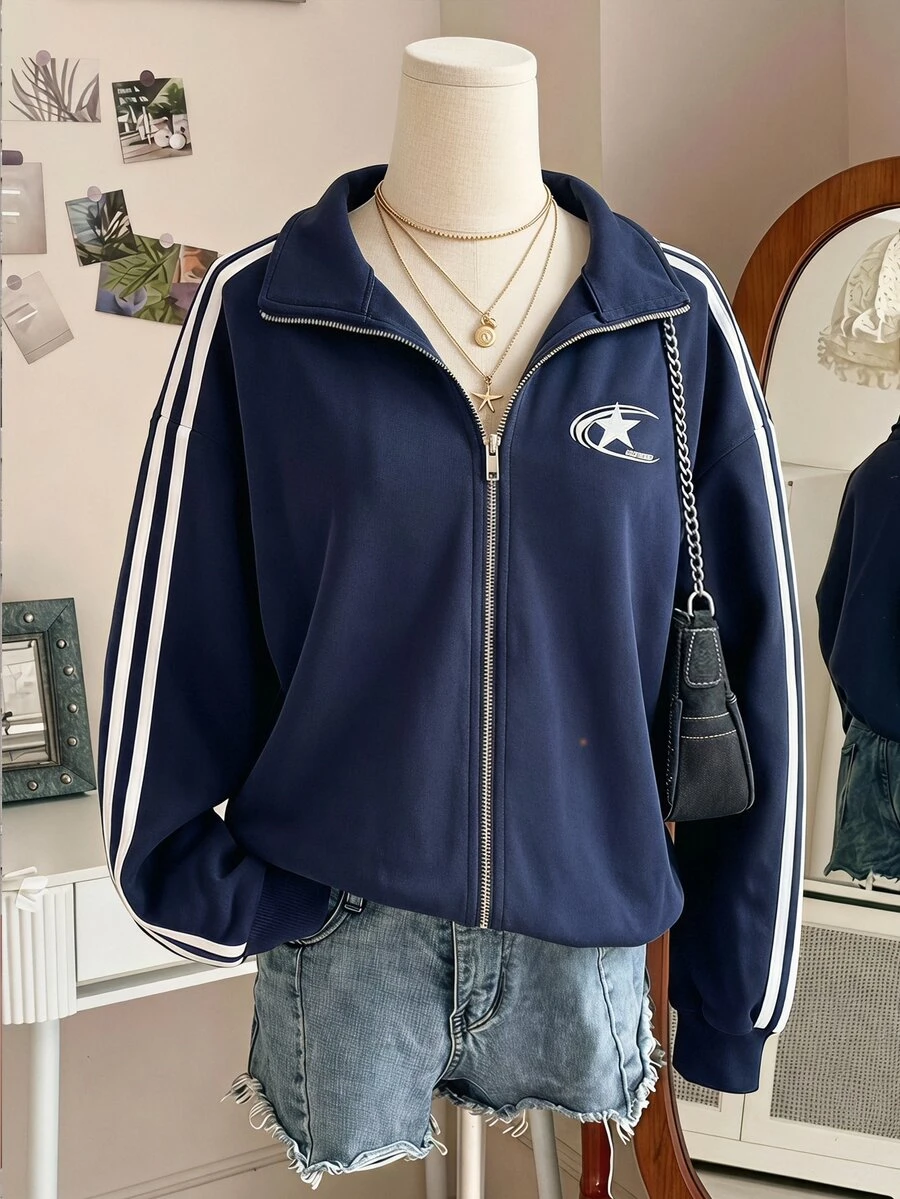 SHEIN 青少年女孩秋季開學季秋冬衛衣,海軍藍雙面條紋拉鍊外套 - 藍色 - 查看 1