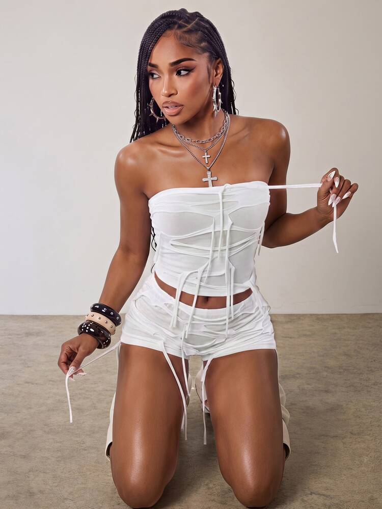 Eshe Glo Women's Solid Color Distressed Cropped Tube Top And Shorts 2 Pieces Set Club Party Night Out White Summer Sexy 90s - White - View 2