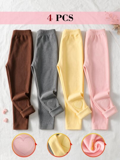 SHEIN Young Girls 4pcs Fleece Lined Pantalon Set, Autumn Winter School Warm Heart Leggings Outfits Match Cozy Long Sleeve Tops Pull