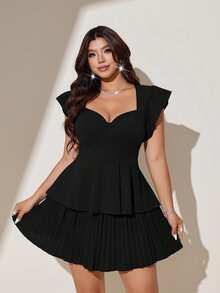 Viva Relle Plus Size Women's Brown Summer Elegant Night Out Gym Club Outfit, Ruffle Trim Crop Top A-Line Mini Skirt 2-Piece Set For Party Music Festival - Black - View 4