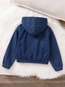 SHEIN 兒童青少年女孩豹紋藍色牛仔寬鬆連帽長袖可正反穿夾克外套，可愛基礎款，適合秋冬休閒、萬聖節、新年、上學穿著 - 藍色 - 查看 5