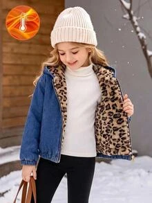 SHEIN 兒童青少年女孩豹紋藍色牛仔寬鬆連帽長袖可正反穿夾克外套，可愛基礎款，適合秋冬休閒、萬聖節、新年、上學穿著 - 藍色 - 查看 3