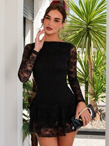 Bris Aura 女士酒红色纯色优雅蕾丝长袖迷你连衣裙，带荷叶边下摆，适合约会之夜、女生之夜、生日派对、情人节、俱乐部 - 黑色 - 查看 1
