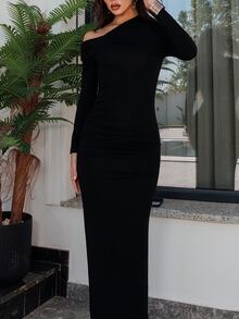 Bris Aura 女士简约日常约会、优雅派对、长袖、修身、性感纯色弹力针织连衣裙，斜肩领设计，浪漫约会、秋冬打底针织连衣裙、夜间外出连衣裙、万圣节和圣诞节长裙 - 黑色 - 查看 6