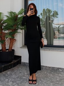 Bris Aura 女士简约日常约会、优雅派对、长袖、修身、性感纯色弹力针织连衣裙，斜肩领设计，浪漫约会、秋冬打底针织连衣裙、夜间外出连衣裙、万圣节和圣诞节长裙 - 黑色 - 查看 3