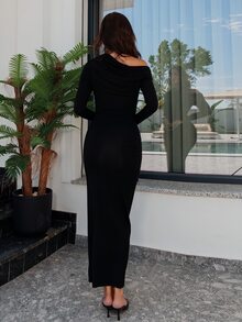 Bris Aura 女士简约日常约会、优雅派对、长袖、修身、性感纯色弹力针织连衣裙，斜肩领设计，浪漫约会、秋冬打底针织连衣裙、夜间外出连衣裙、万圣节和圣诞节长裙 - 黑色 - 查看 2