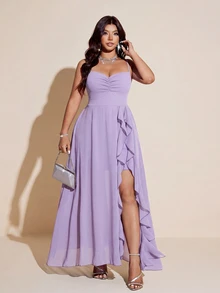 Viva Relle Plus Size Women's Elegant Purple Chiffon Dress,Summer Formal Spaghetti Strap,Ruffle Hem,High Slit Evening Gown For Party,Wedding,Bridesmaid - Mauve Purple - View 4