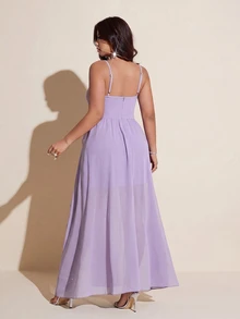 Viva Relle Plus Size Women's Elegant Purple Chiffon Dress,Summer Formal Spaghetti Strap,Ruffle Hem,High Slit Evening Gown For Party,Wedding,Bridesmaid - Mauve Purple - View 2