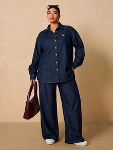 Elaquor Plus Size Women's Long Sleeve Top And Long Pants Casual Daily Denim Two Pieces Set - Dark Wash - View 5