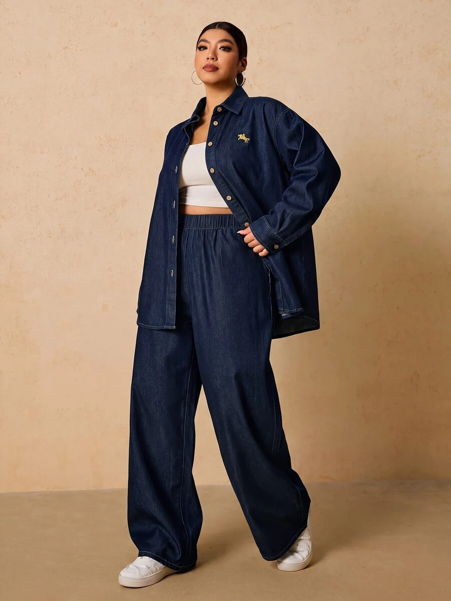 Elaquor Plus Size Women's Long Sleeve Top And Long Pants Casual Daily Denim Two Pieces Set - Dark Wash - View 1