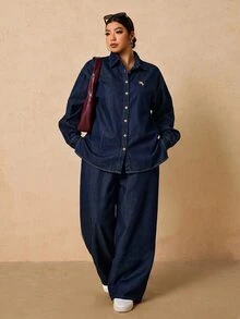 Elaquor Plus Size Women's Long Sleeve Top And Long Pants Casual Daily Denim Two Pieces Set - Dark Wash - View 6