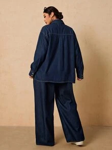 Elaquor Plus Size Women's Long Sleeve Top And Long Pants Casual Daily Denim Two Pieces Set - Dark Wash - View 2