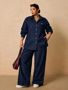 Elaquor Plus Size Women's Long Sleeve Top And Long Pants Casual Daily Denim Two Pieces Set - Dark Wash - View 4
