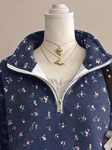 SHEIN EZwear 女款小碎花 Polo 半拉鍊運動衫，秋冬新品，適合日常通勤、約會、聚會、秋冬、夏季、派對、婚禮、海灘、畢業典禮等場合，優雅休閒，適合外出，Y2K 風格，音樂節等 - 彩色 - 查看 4