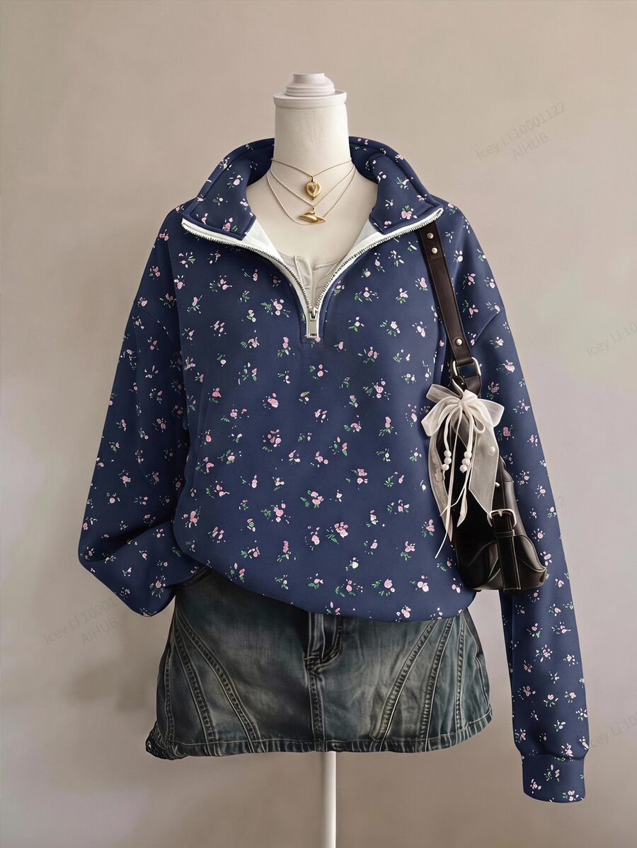 SHEIN EZwear 女款小碎花 Polo 半拉鍊運動衫,秋冬新品,適合日常通勤、約會、聚會、秋冬、夏季、派對、婚禮、海灘、畢業典禮等場合,優雅休閒,適合外出,Y2K 風格,音樂節等 - 彩色 - 查看 1