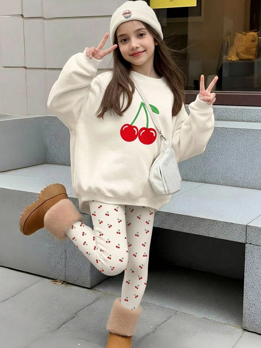 Kids Tween Girls Crew Neck Casual Drop Shoulder Autumn Winter Sweatshirt & Slim Fit Leggings 2 Pieces Set