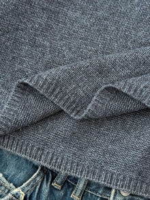 SHEIN 青少年女孩秋冬休閒灰色素色刺繡小馬燈籠袖短版長袖圓領套頭毛衣 - 灰色 - 查看 7
